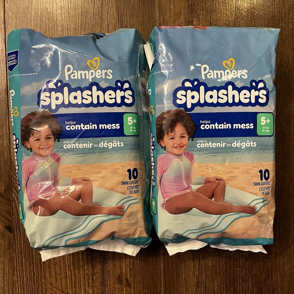2 New Pampers Splashers 10 Pack Swim Diapers Size‎ 5+ (31+ lbs) Total 20